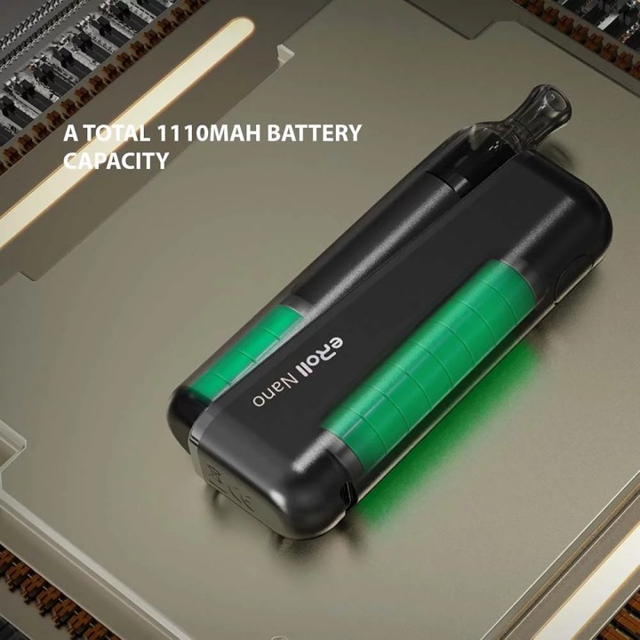 Joyetech eRoll Nano Pod Mod siyah, 1110mAh bataryalı, kesit görünüm.