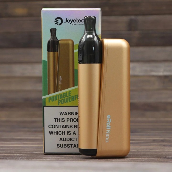 Joyetech eRoll Nano Pod Mod Altın rengi, taşınabilir elektronik sigara cihazı.