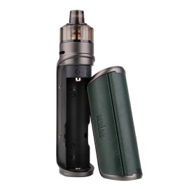 Uwell Aeglos P1 Pod Mod, açık pil bölmeli, koyu yeşil deri kaplamalı.