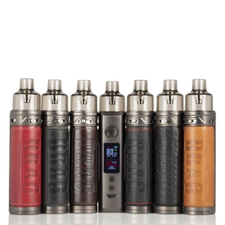 Voopoo Drag X Pro Pod Mod çeşitleri: Kırmızı, Siyah, Kahverengi deri ve Gri.
