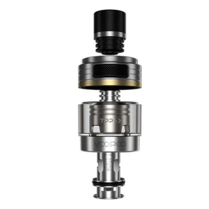 Voopoo TPP X Pod Tank atomizer gümüş renkli, demonte edilmiş parça.